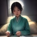 内容编辑主编陈晓紫的职业照，短发女性，神情专注，背景为书架与屏幕，专业感强